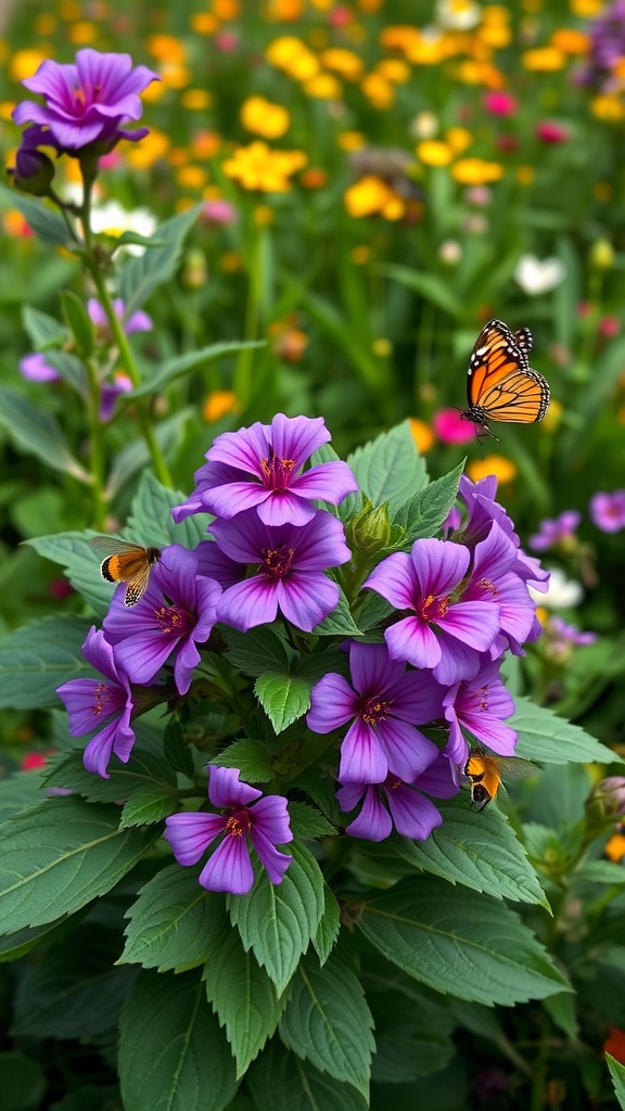 Vibrant purple bergamot flowers with butterflies in a blooming garden.