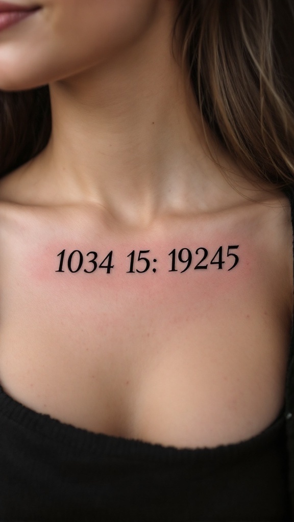 Tattoo of birth date in Roman numerals on the chest