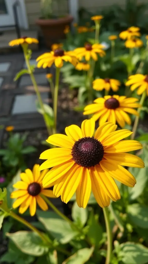 A close-up of vibrant yellow Black-Eyed Susan flowers with dark centers in a garden.
