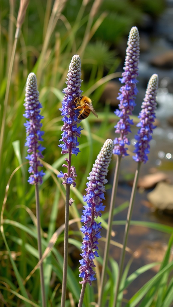 Blue Vervain flowers with a bee on one of the blossoms.