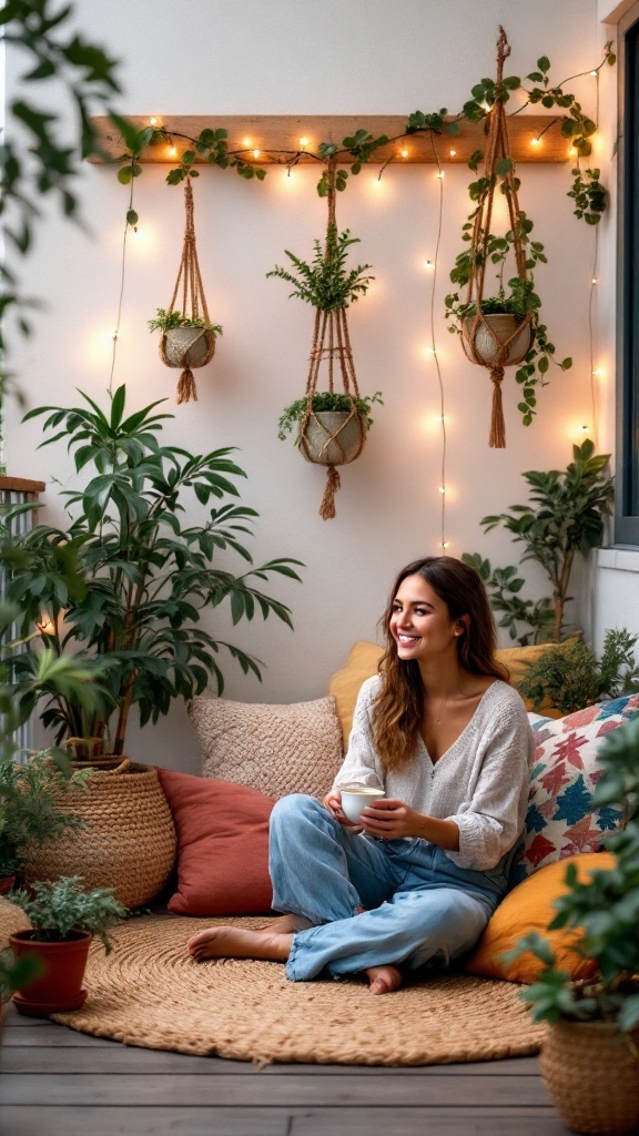 A cozy boho chic balcony garden with cushions, hanging plants, and soft lighting.