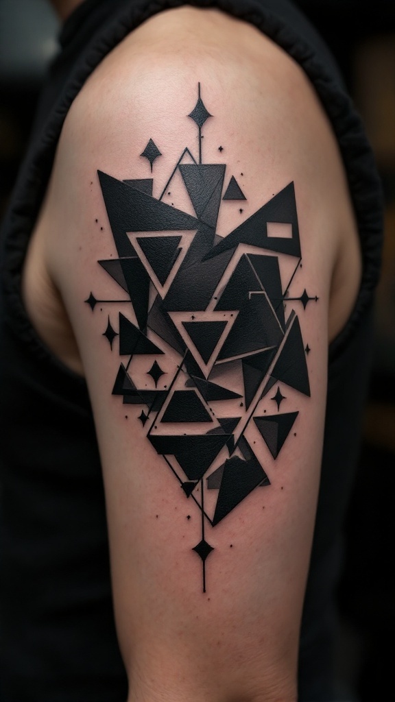 A bold blackout tattoo design featuring geometric shapes and intricate patterns.