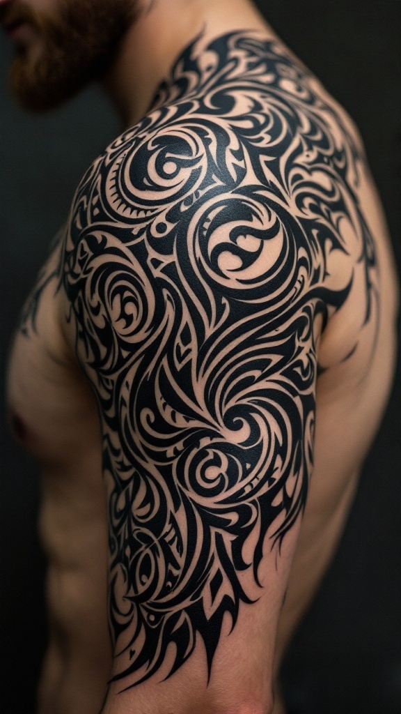 Bold tribal tattoo design on a man's shoulder