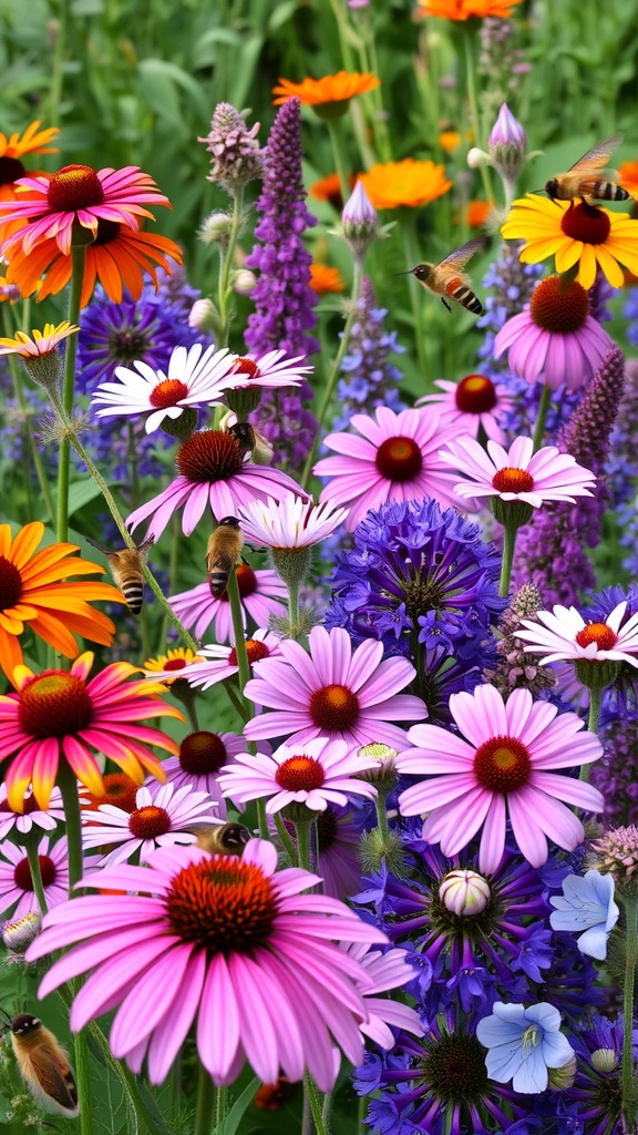 A colorful flower bed featuring various blooms with bees and butterflies