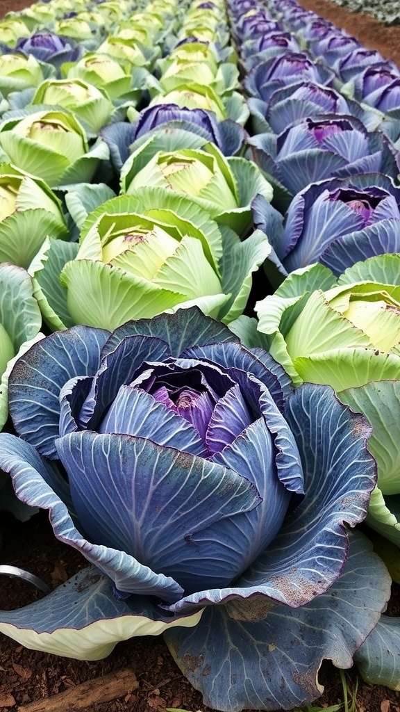 Rows of green and purple cabbages growing in a garden