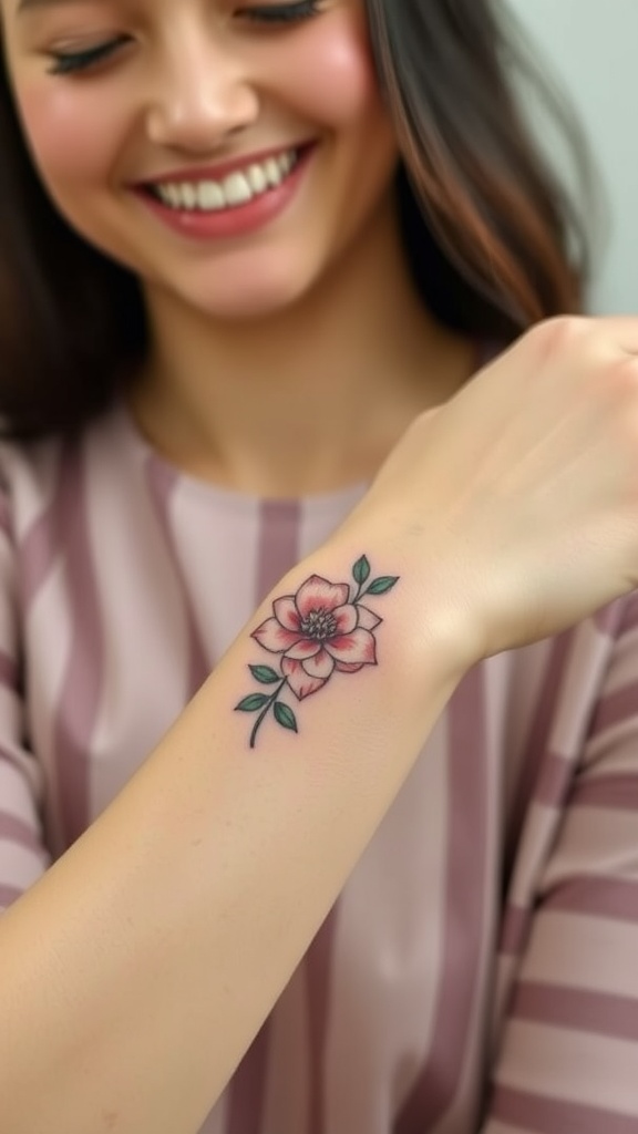 A woman smiling while showing a delicate camellia tattoo on her inner wrist.