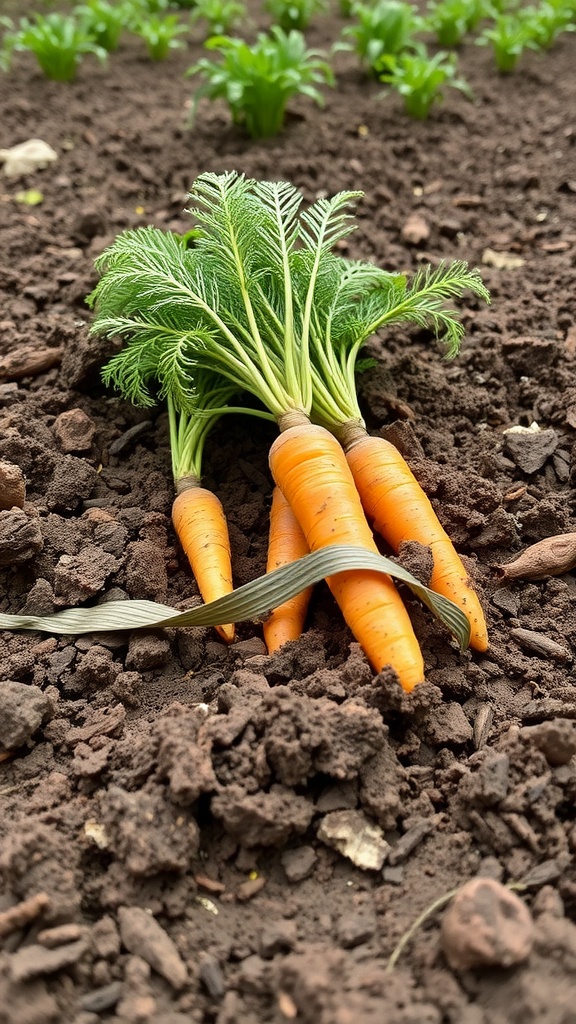 Freshly harvested carrots with green tops resting on the soil.