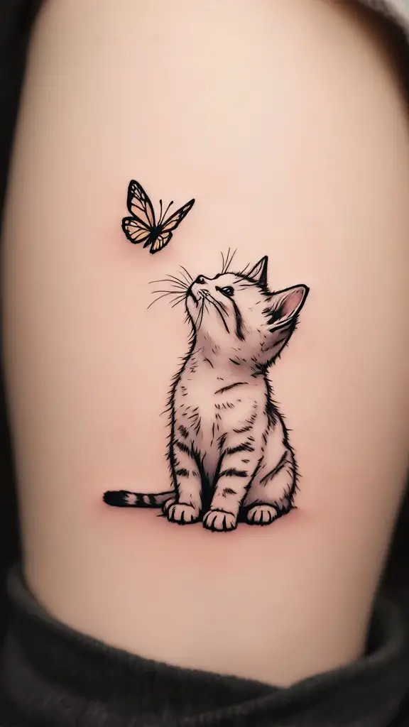 Tattoo of a cat looking at a butterfly