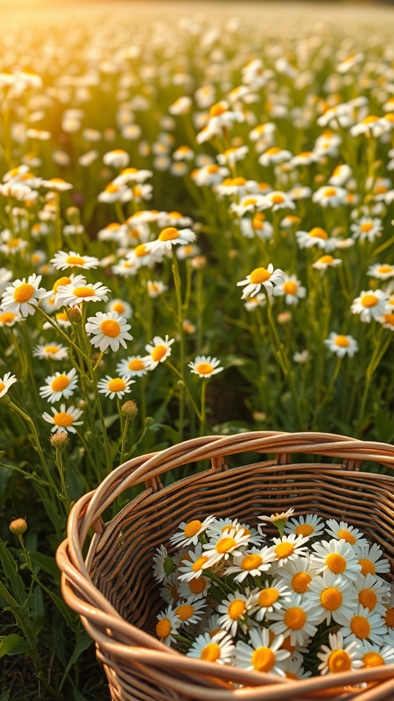 A basket filled with fresh chamomile flowers surrounded by a field of blooming chamomile.