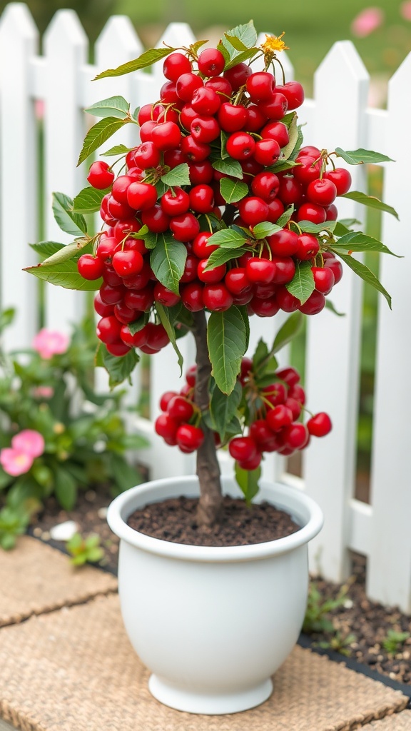 A cherry tree in a white pot, filled with bright red cherries, surrounded by greenery and a white picket fence.