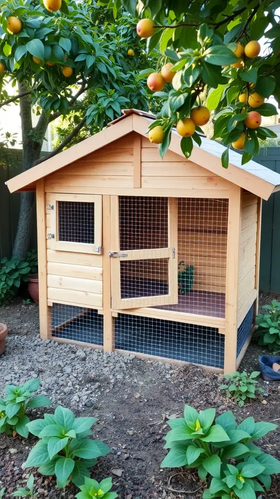 A wooden chicken coop surrounded by greenery and fruit trees in a backyard garden.