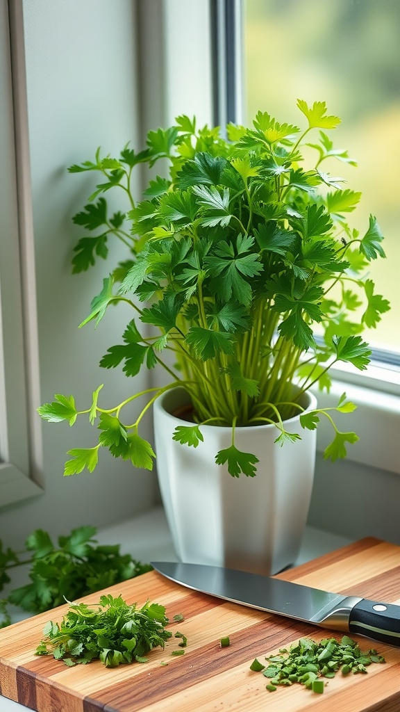 Fresh cilantro plant on a windowsill with chopped cilantro on a cutting board