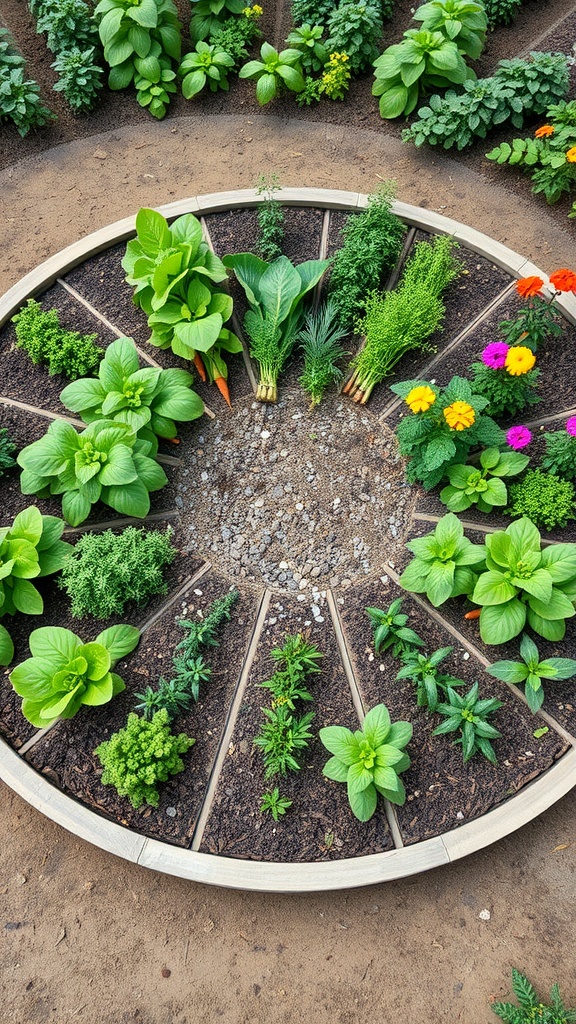 A circular raised bed garden featuring various plants arranged in pie-like sections.