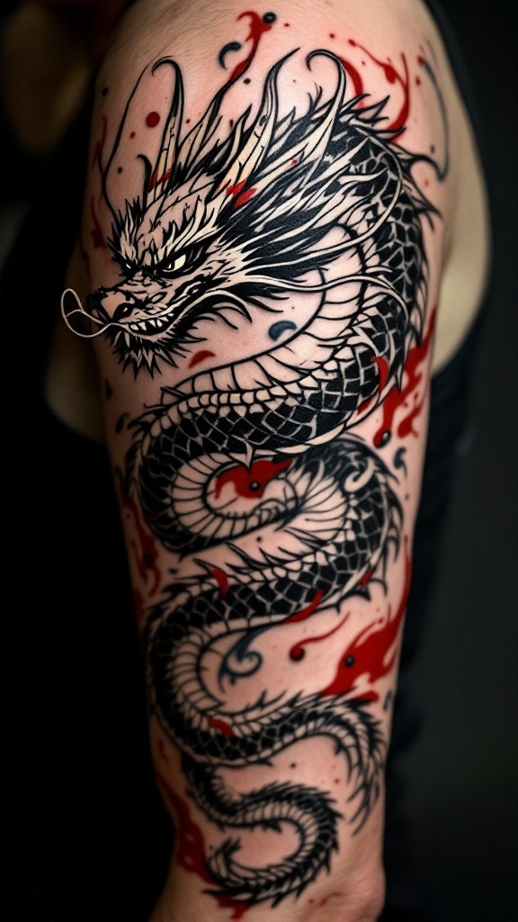 A detailed dragon tattoo covering part of the arm.