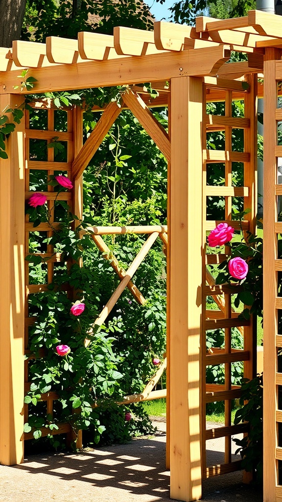 A classic wooden trellis adorned with climbing roses, set in a lush garden.