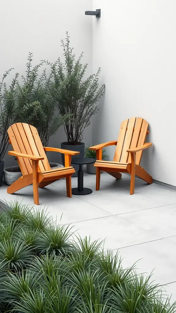 Two wooden chairs with a small table in a garden corner surrounded by greenery.