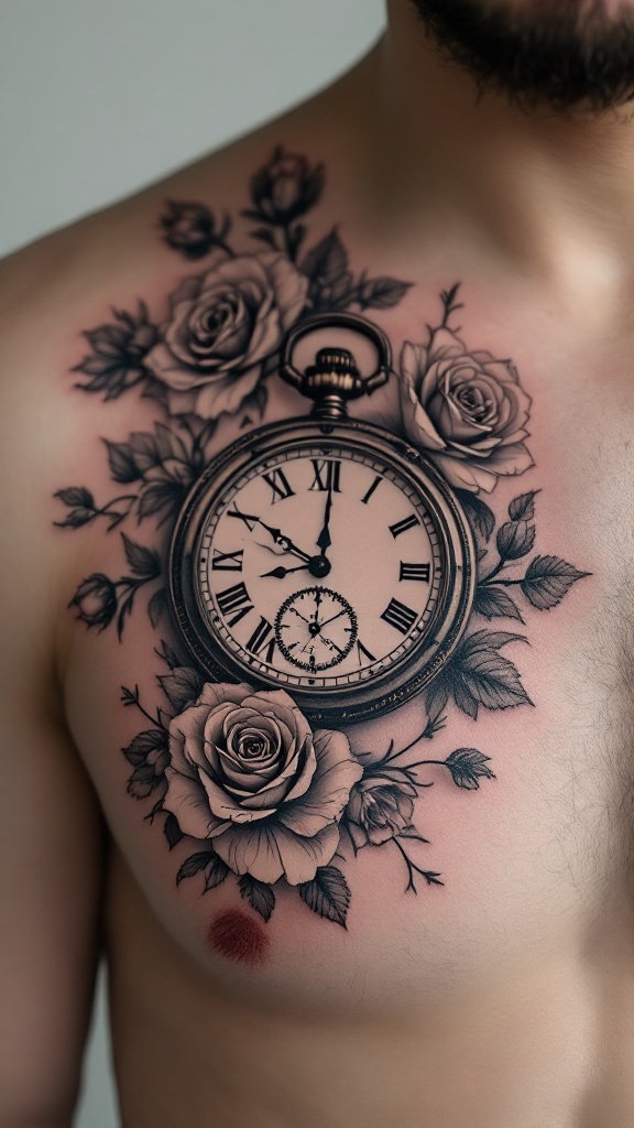 A detailed tattoo design featuring a clock surrounded by roses on a man's chest.