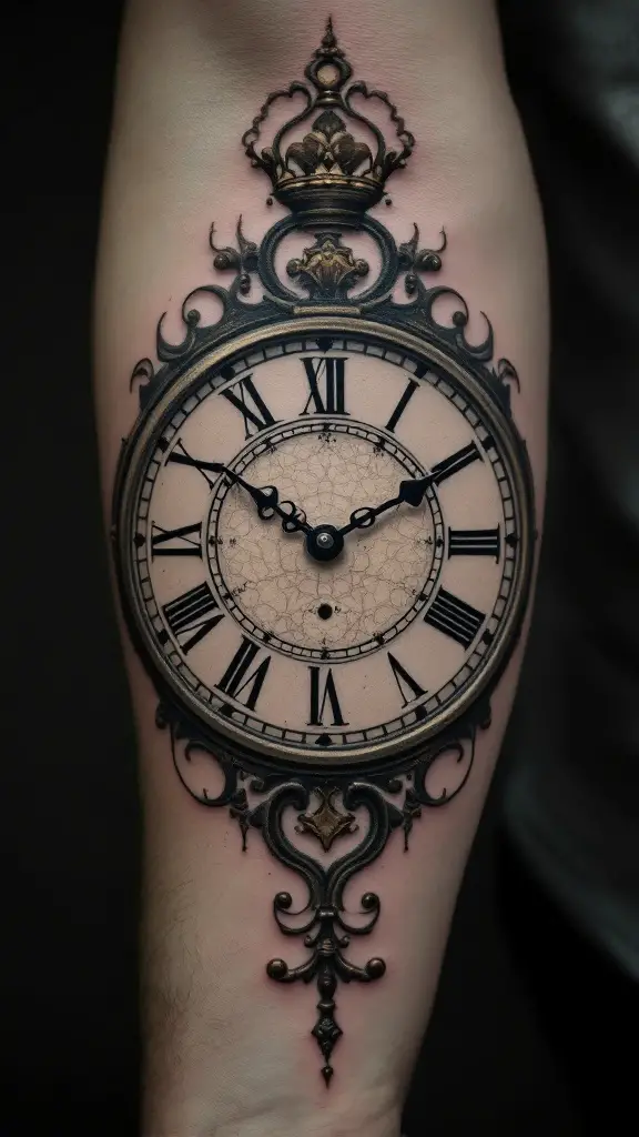 A detailed clock tattoo on the elbow, showcasing intricate designs and patterns.