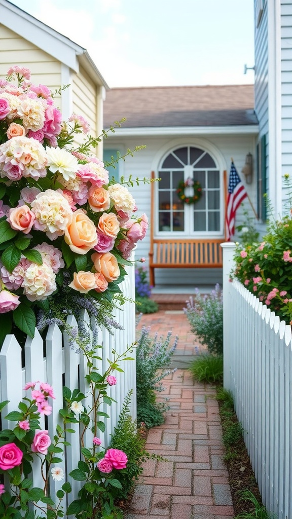 A beautiful coastal cottage garden with blooming roses and a brick pathway leading to the porch.