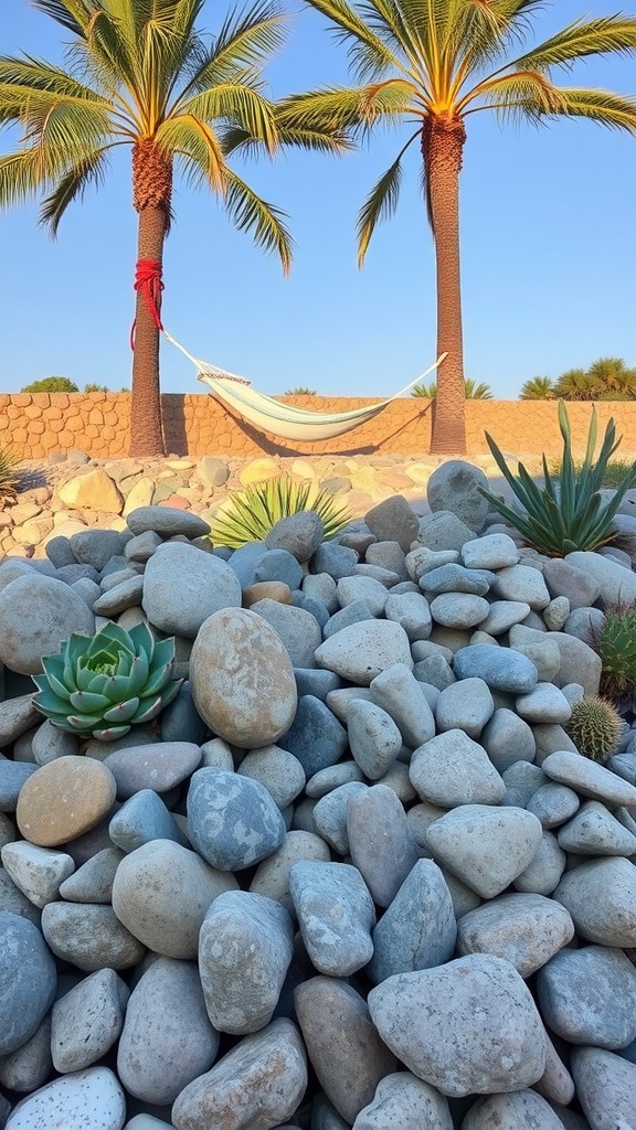 A coastal rock garden featuring smooth stones, succulents, and palm trees with a hammock.