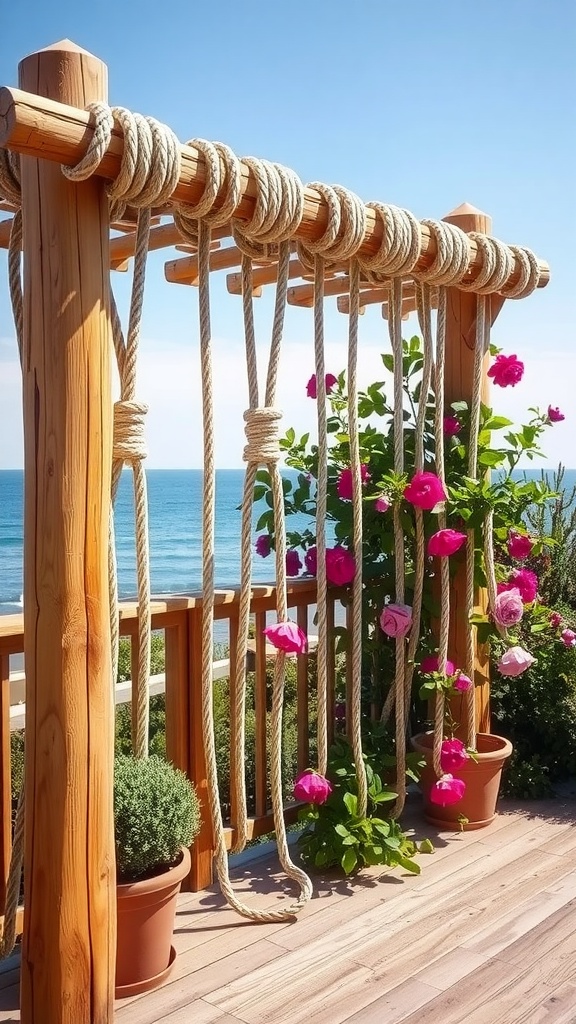 A coastal rope trellis with climbing plants and flowers by the seaside.