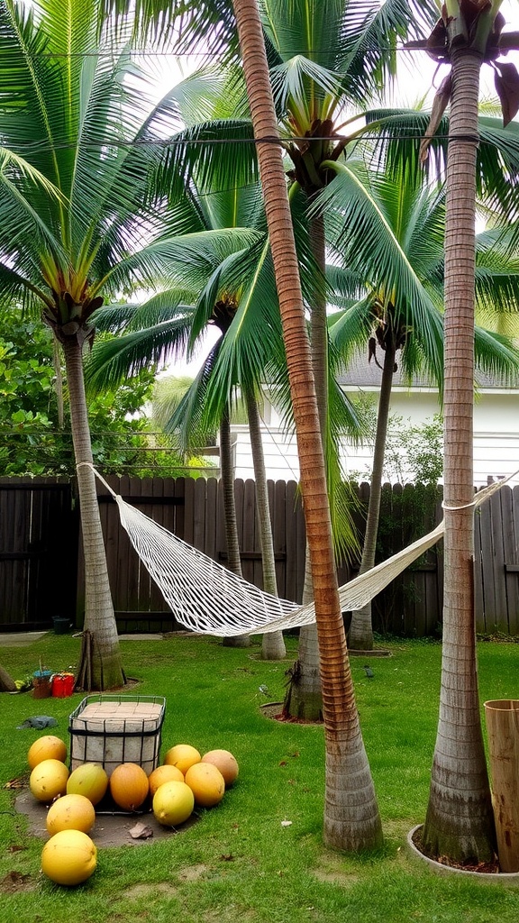 A backyard with coconut trees and a hammock, showcasing coconuts on the ground.