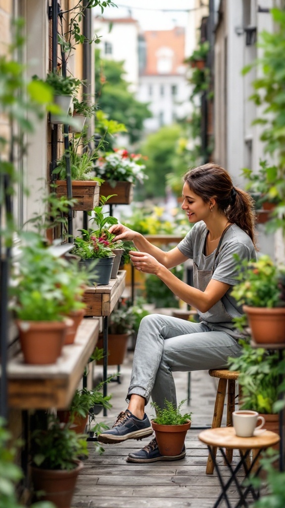 A woman caring for her balcony herb garden, surrounded by various potted plants.