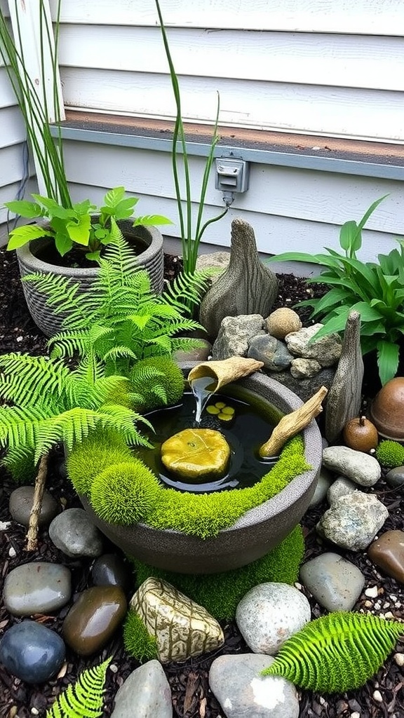 A small garden with a compact water feature surrounded by plants and stones.