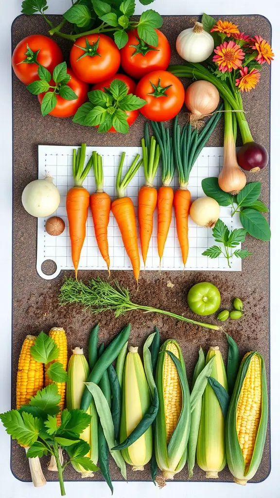 A colorful assortment of vegetables including tomatoes, carrots, corn, and herbs laid out nicely