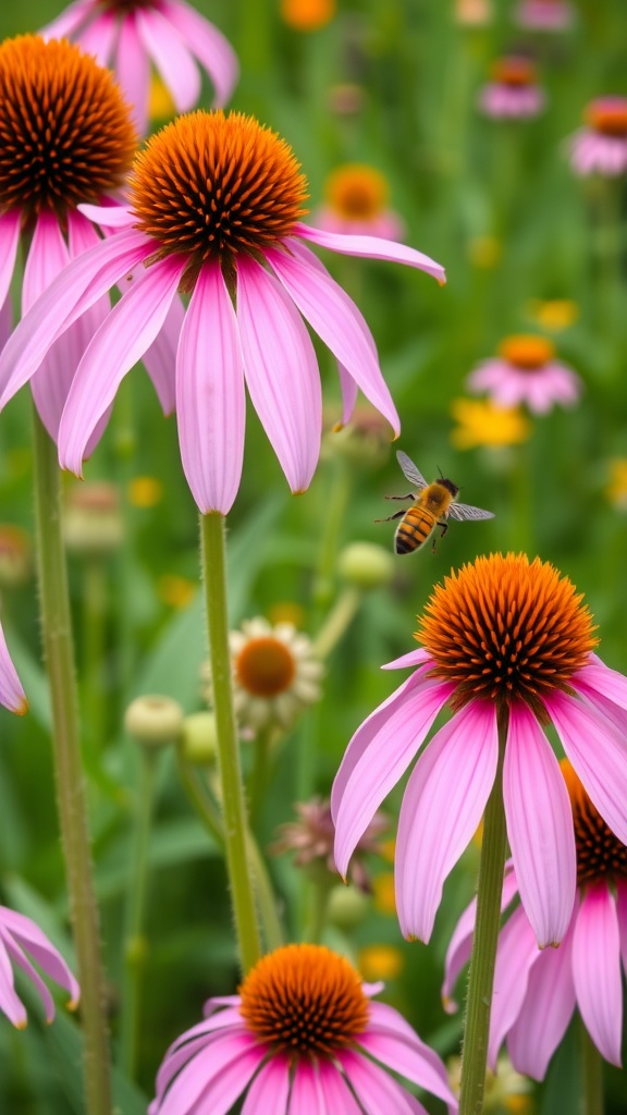 Coneflowers with a bee hovering over them in a colorful garden