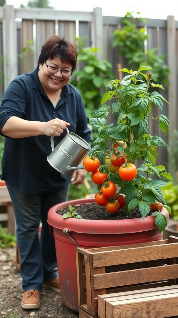 A person watering a tomato plant in a large container garden