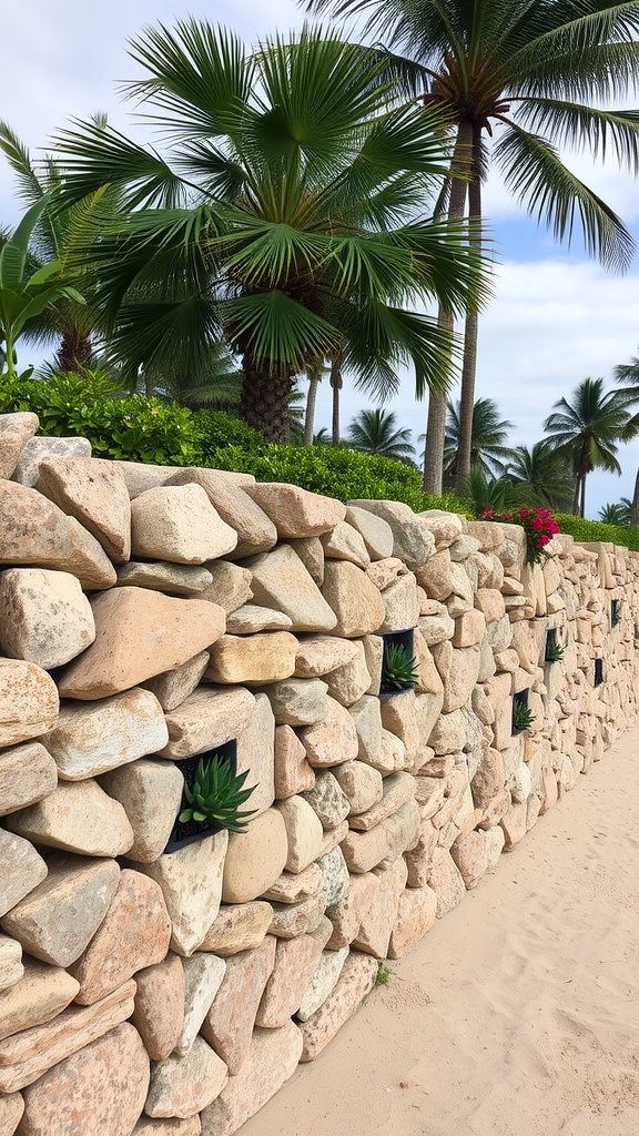 A coral rock wall with succulents set against palm trees and a sandy path.