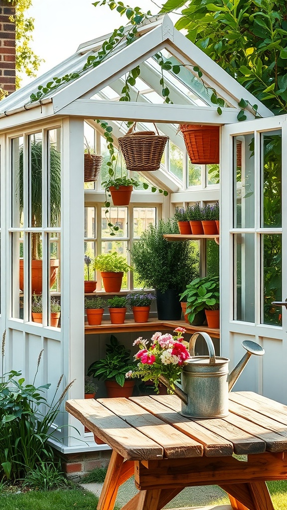 A cozy greenhouse filled with potted herbs and colorful flowers, featuring a wooden table and watering can.