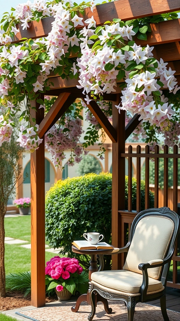 A beautiful reading nook in a garden with flowers, a chair, a book, and a cup of tea.