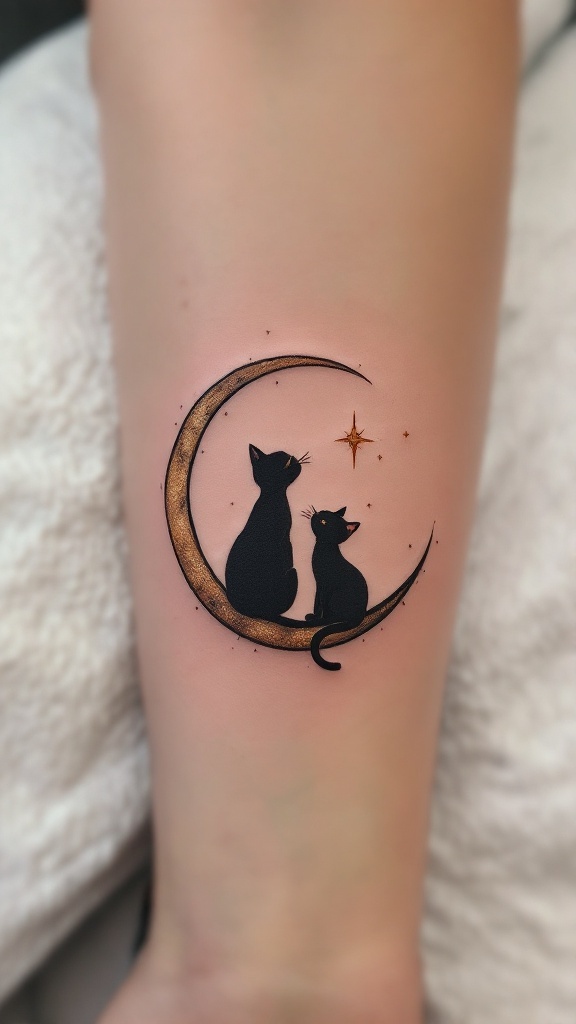 A crescent moon with two silhouetted cats sitting together, surrounded by stars.