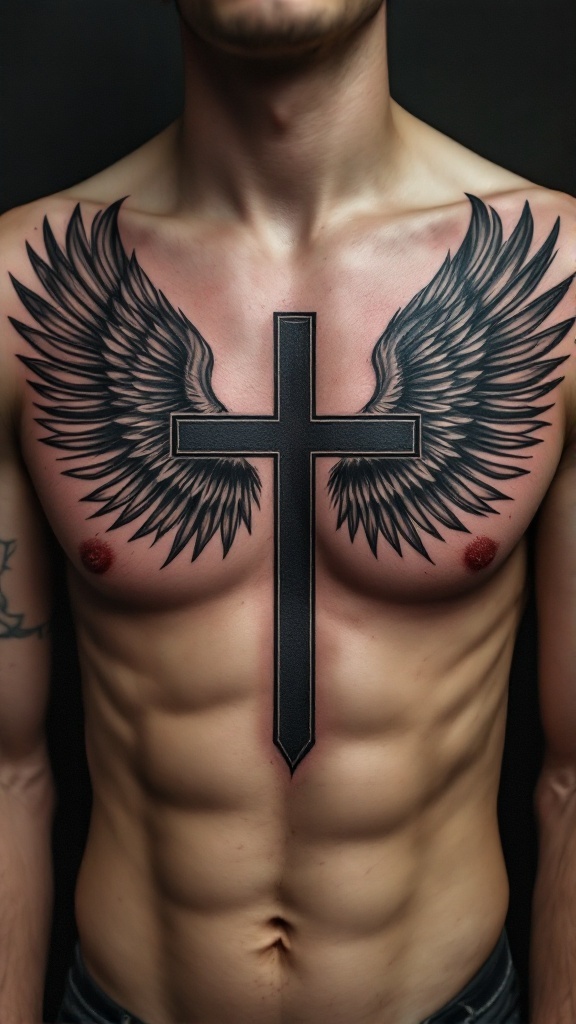 Cross and wings tattoo on a man’s chest