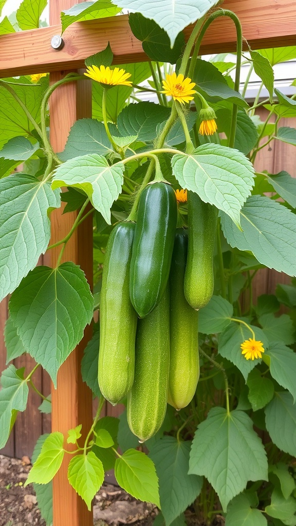 A bunch of fresh cucumbers growing on a trellis with yellow flowers and green leaves.