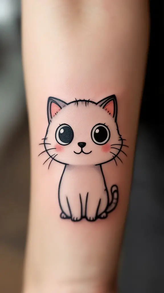 Cute cartoon cat tattoo on arm.