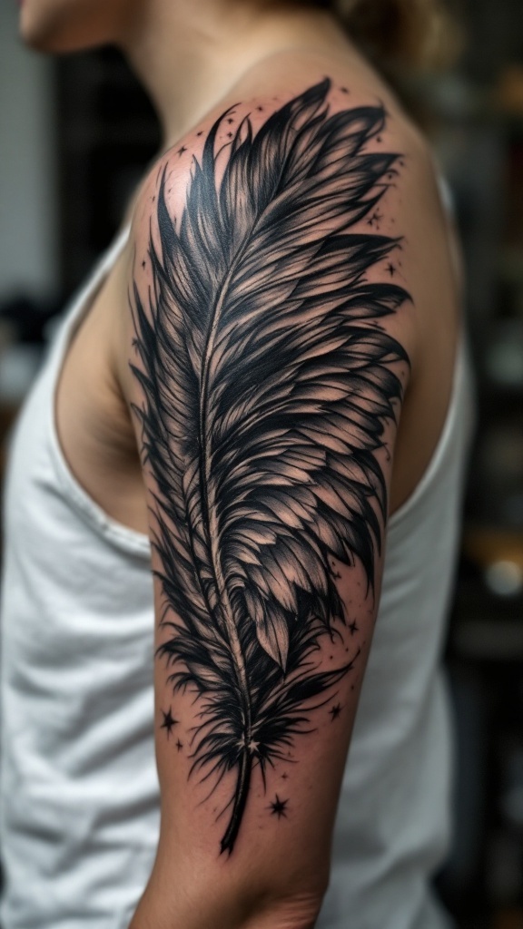 A detailed black feather tattoo on a person's arm.