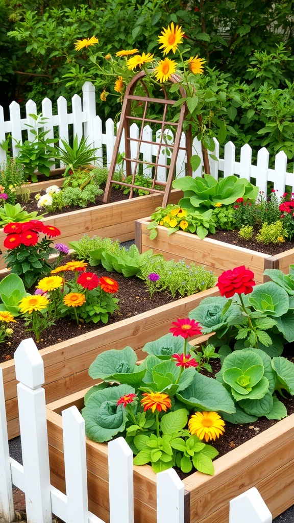 A colorful decorative raised bed garden with flowers and vegetables, featuring sunflowers and a white picket fence.