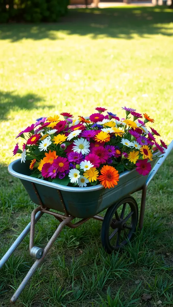 A colorful flower arrangement in an old wheelbarrow placed on green grass.