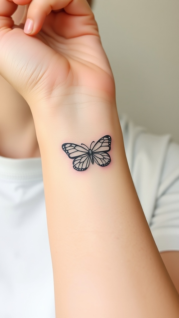 A delicate butterfly outline tattoo on a person's wrist