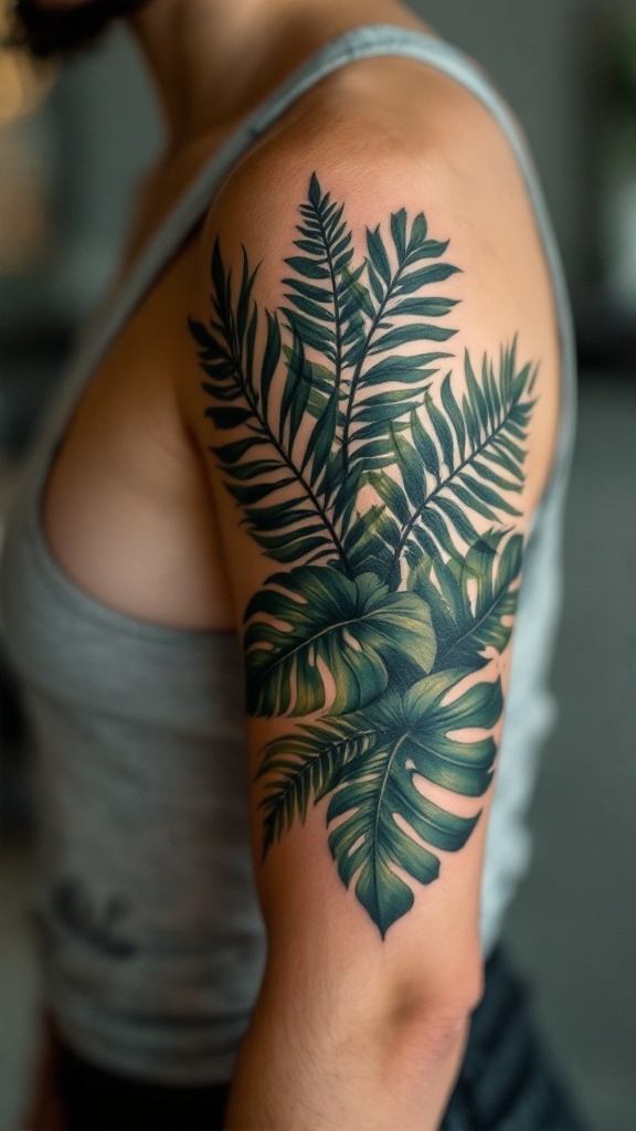 A detailed tattoo of dense jungle leaves on a person's arm.