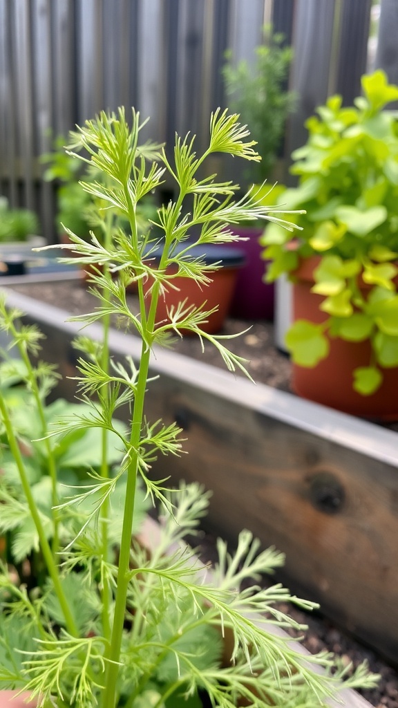 Close-up of a dill plant with delicate green leaves.