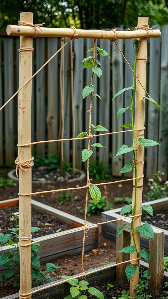 A DIY bamboo trellis supporting climbing plants in a garden.