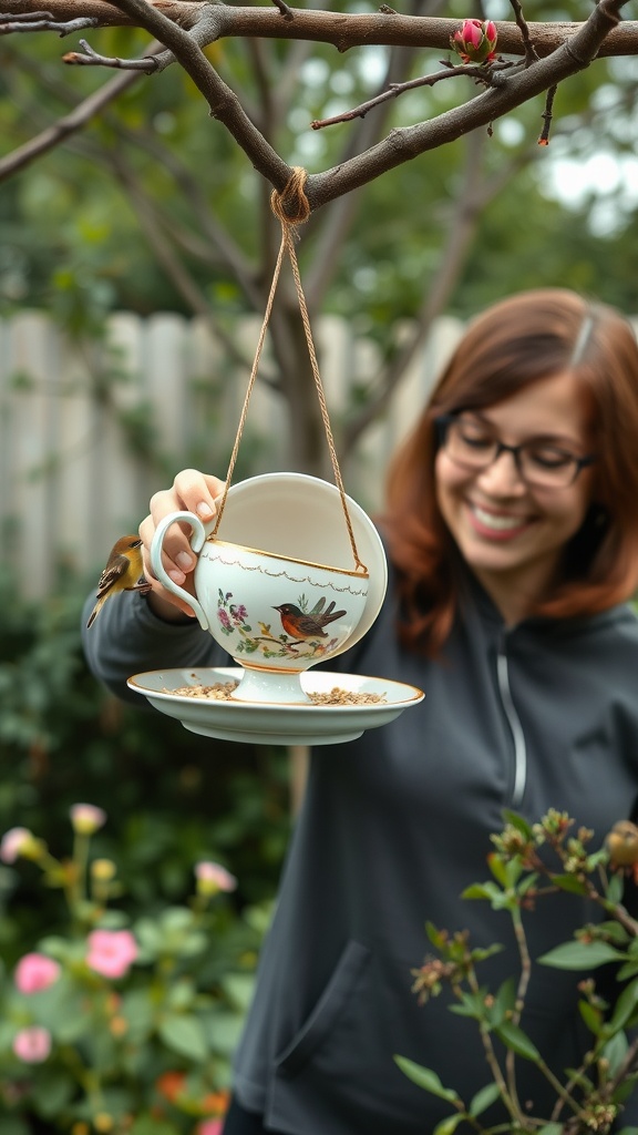 A woman holds a DIY bird feeder made from a teacup and saucer, hanging from a tree branch, in her garden.