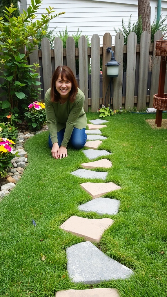 A woman kneeling beside a stone pathway in a garden filled with flowers and grass.