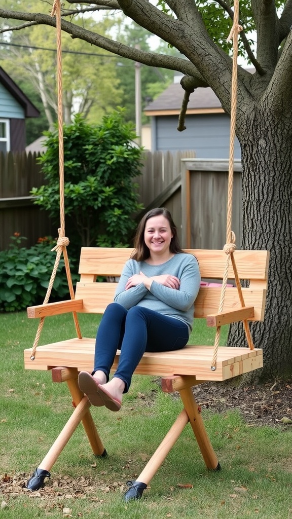 A woman sitting on a DIY wooden plank swing in a backyard, smiling contentedly.