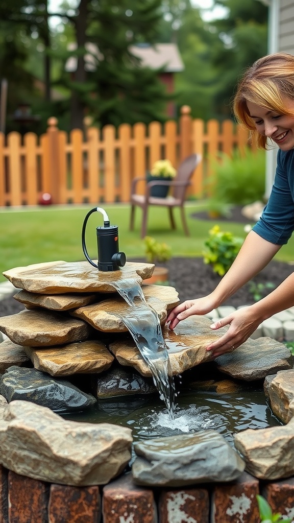 A woman setting up a DIY garden water feature with stones and a pump.