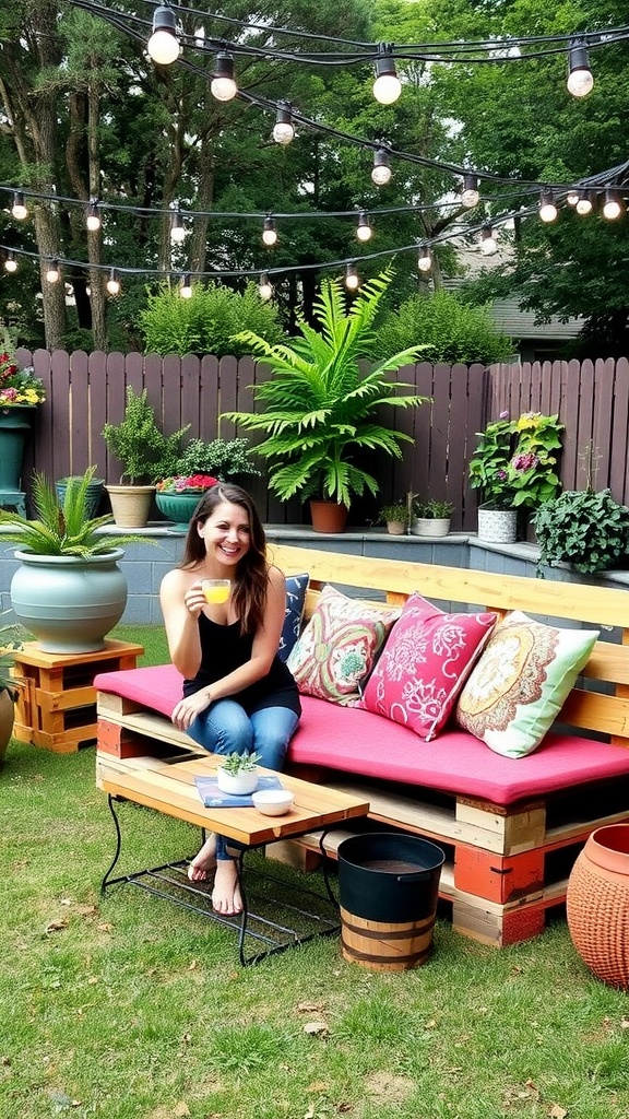 A woman enjoying a drink on a DIY outdoor pallet sofa, surrounded by plants and string lights.